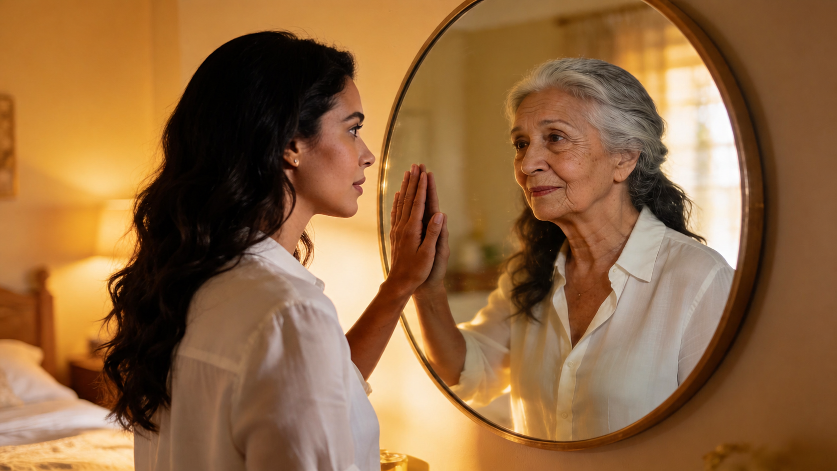Mulher diante do espelho vendo a imagem de uma mulher mais velha